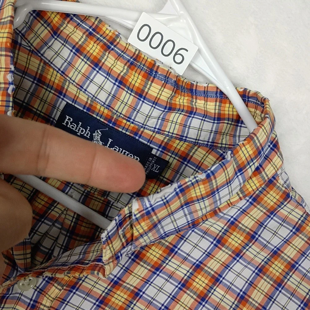 Ralph‎ Lauren Blake Mens XL Short Sleeve Plaid Button Down Shirt Orange Blue